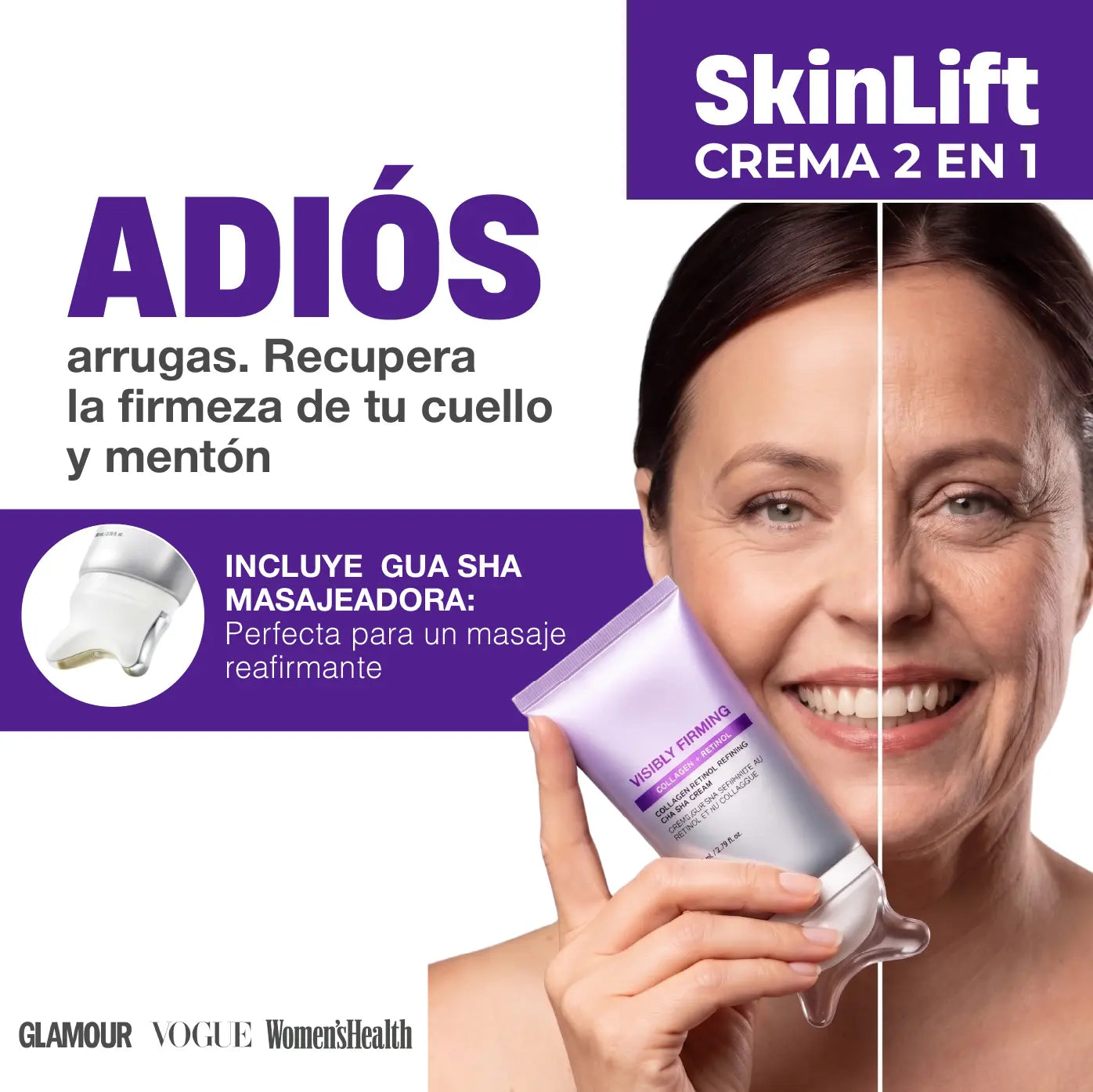 SKINLIFT | CREMA 2 EN 1 |GUASHA MASAJEADORA + CREMA REAFIRMANTE PARA CUELLO Y MENTÓN